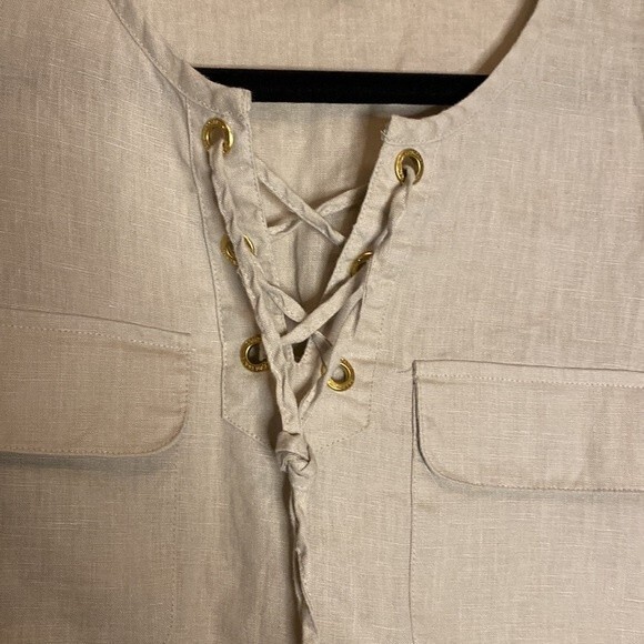 Ellen Tracy linen blouse shirt quarter sleeve oversize baggy tie lagen cottage - Picture 2 of 11